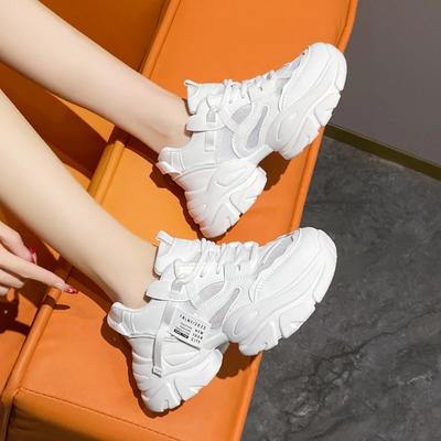 Klobige Schnür-Freizeit-Damen-Vulkanisierte Schuhe Sneakers Atmungsaktives Leder Plateau Sport Gemischte Farbe Outdoor Casual Damen Tenis