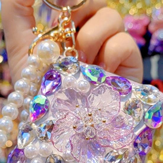 Bling Rhinestone Folding Makeup Mirror Travel Pocket Mirror Keychain Double-Sided with Beaded Wrist Bag Charm