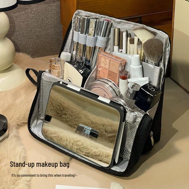 Large Capacity Women's Portable Vertical Cosmetic Bag with Multilayer Storage for Skincare and Travel