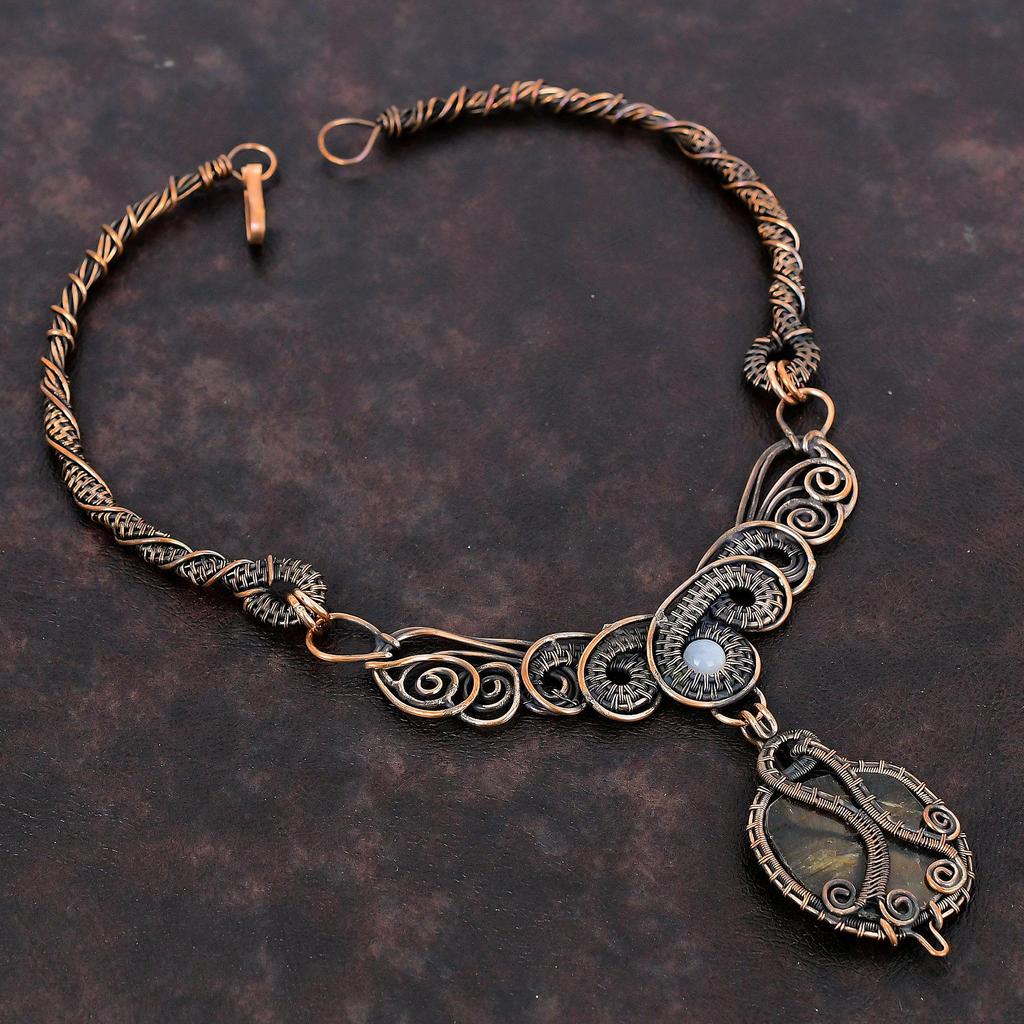 Chiastolite Necklace Copper Wire Wrapped Necklace Natural Gemstone Jewelry Rainbow Moonstone Necklace Handmade Copper Jewelry Gift For Women