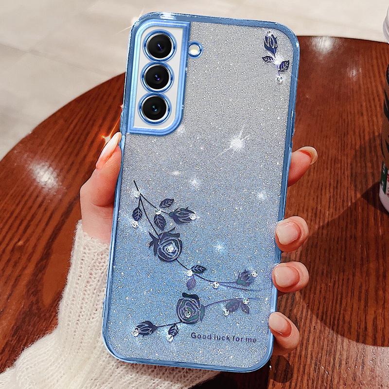 KADEM Rhinestone Design Smartphone Case for Samsung Galaxy S22 5G,Anti-Scratch Flower Pattern Decor Glitter Powder Gradient Color TPU Phone Cover