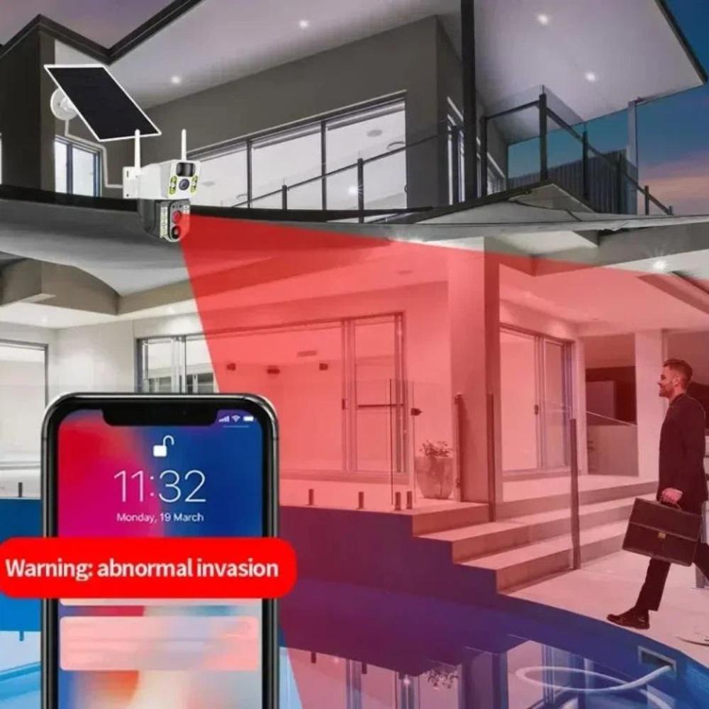 Wireless Solar-Powered Security Camera with 4G/WIFI Dual Lenses, PIR Human Motion Detection, and Night Vision