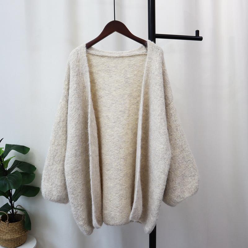 Autumn and Winter New Medium and Long Loose Lazy Wind Sweater Jacket Soft Waxy Gentle Wind Solid Color Knitted Cardigan Women