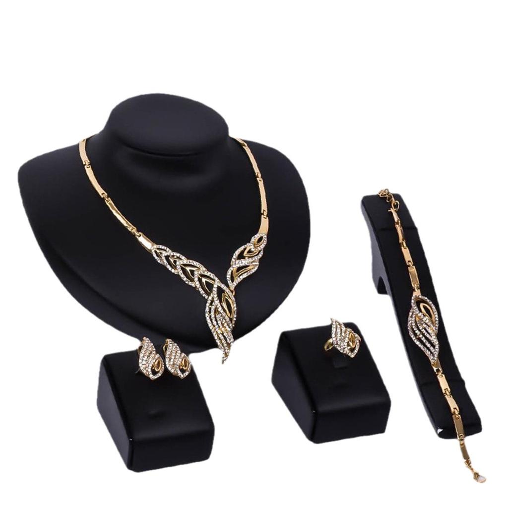 Diamond Gold Leaf Necklace Earrings Ring Bracelet Four-piece Jewelry Ladies Wedding Ornaments