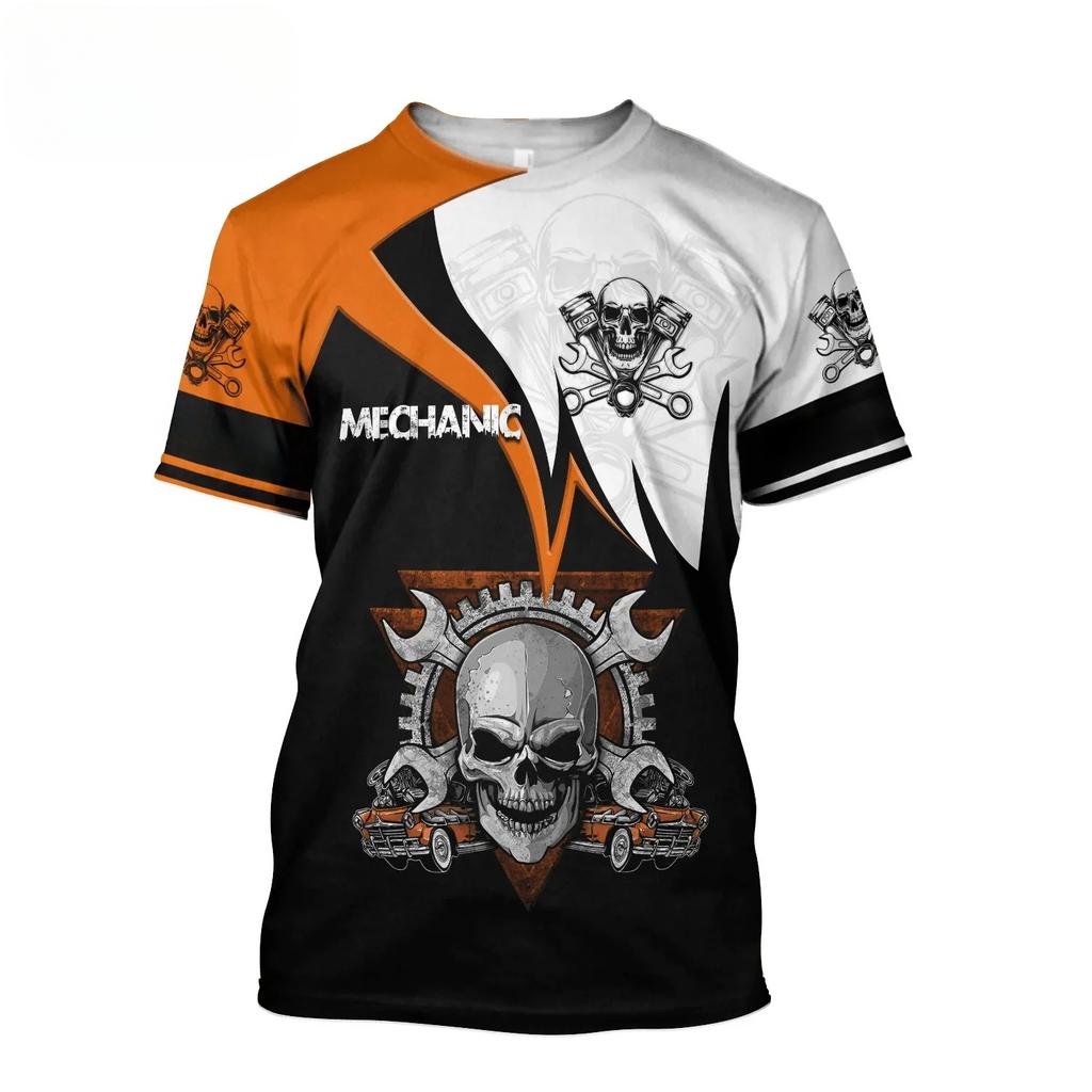 Letnie T-shirty męskie z okrągłym dekoltem, z nadrukiem 3D wzoru mechanicznej czaszki, modne, codzienne, z krótkim rękawem