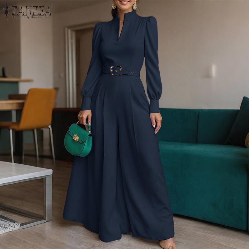 ZANZEA Damen Casual V-Ausschnitt Locker Langarm Weitbein Jumpsuits