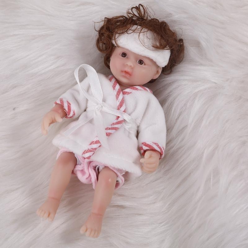 6'' Reborns Doll Mini Newborn Girl Doll Full Body Soft Silicone Life Like Doll with Brown Hair Realistic Doll Baby Toy