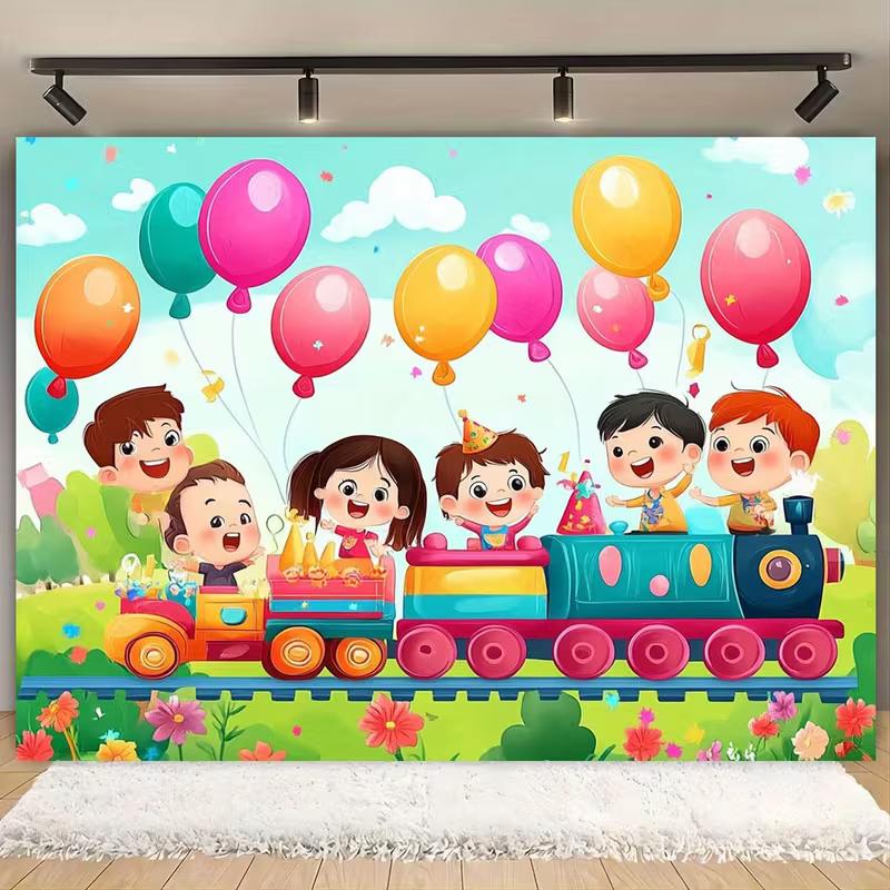 2D Happy Birthday Kids Train Backdrop Children Party Photography Background