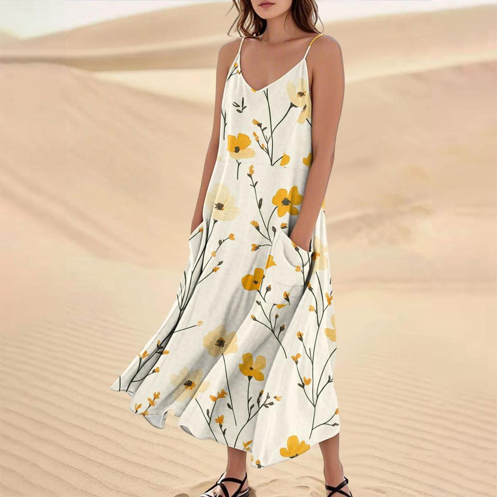 Women's Casual V Neck Floral Print Sleeveless Pocket Suspender Dress