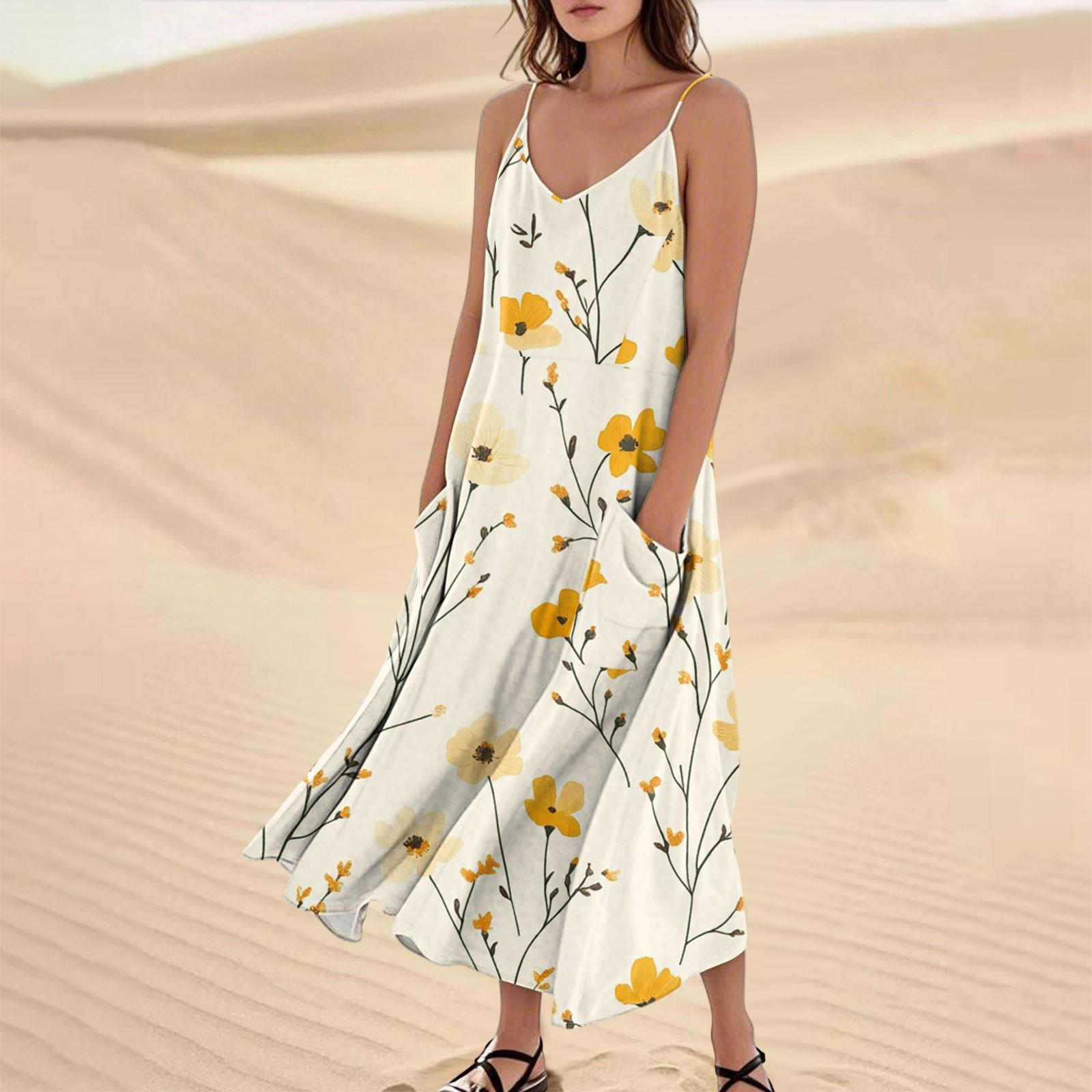 

Женское повседневное платье-сарафан с V-образным вырезом, цветочным принтом, без рукавов, с карманом XL жёлтый