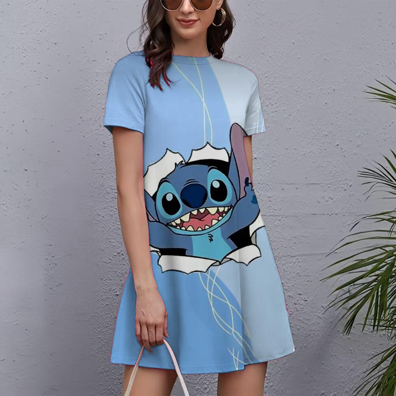 Šaty s potlačou Stitch pre ženy 2025 Nový rok Krátke rukávy O-výstrih Šaty Oversized Dámske Vianočné Zábavné Dámske Párty šaty S