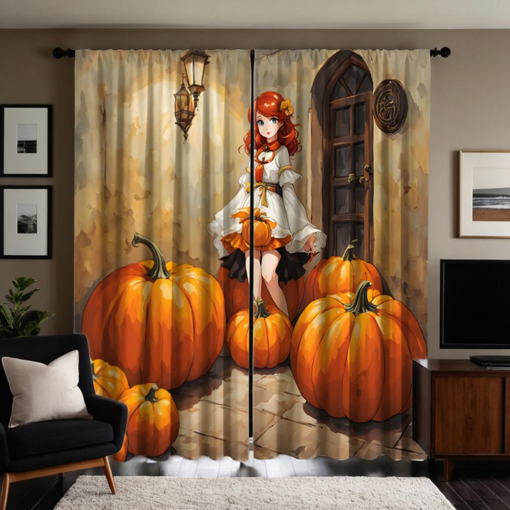 2pcs HD Back Room Pumpkin cartoon Girl curtain Yellow tie digital printed curtain Home Decoration style Decorate living room