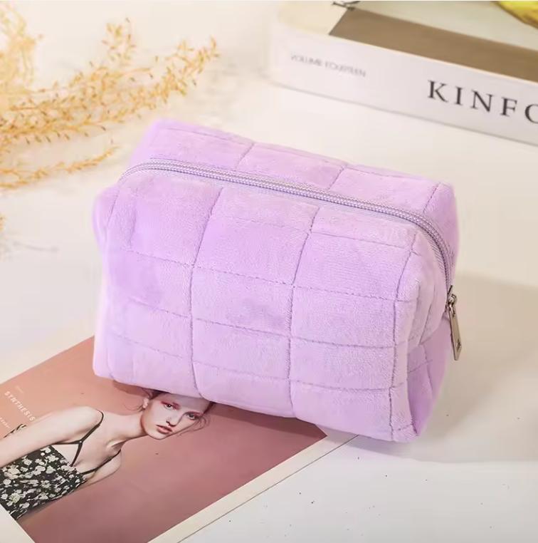 Cute Soft Plush Small Cosmetic Bag Portable Travel Pouch Solid Color Zipper Toiletry Storage Organizer for Women Makeup