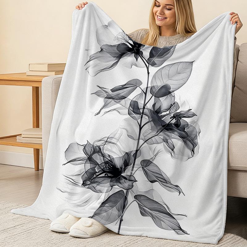 Lightweight Flannel Throw Blanket Soft Cozy, Elegant Black & White, Warm Sofa Throw for Home, Christmas & Halloween Use