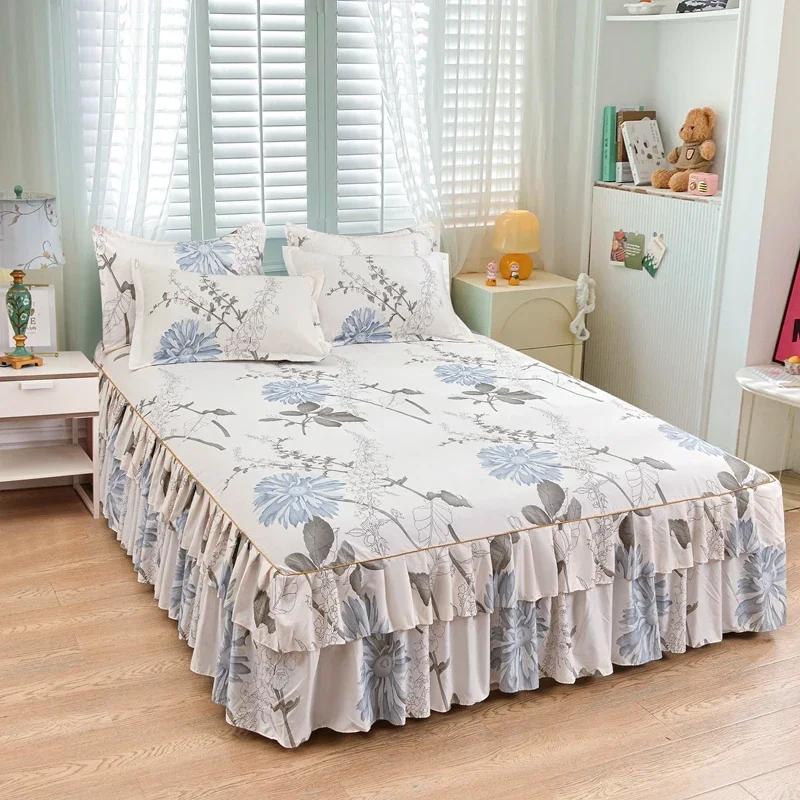 Nordic Floral Queen Bed Skirt Without Pillowcase Double Single Mattress Cover Anti-slip Full Size Adjustable Bedspread 360°Warp