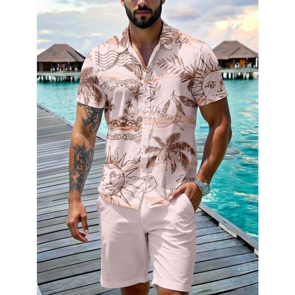 Ananas Blumenprint Hawaiianisches Herrenhemd und Shorts Zweiteiliges Set Lässiges Urlaubs-Herrenhemd-Set Kurzarm Hemd mit Knöpfen