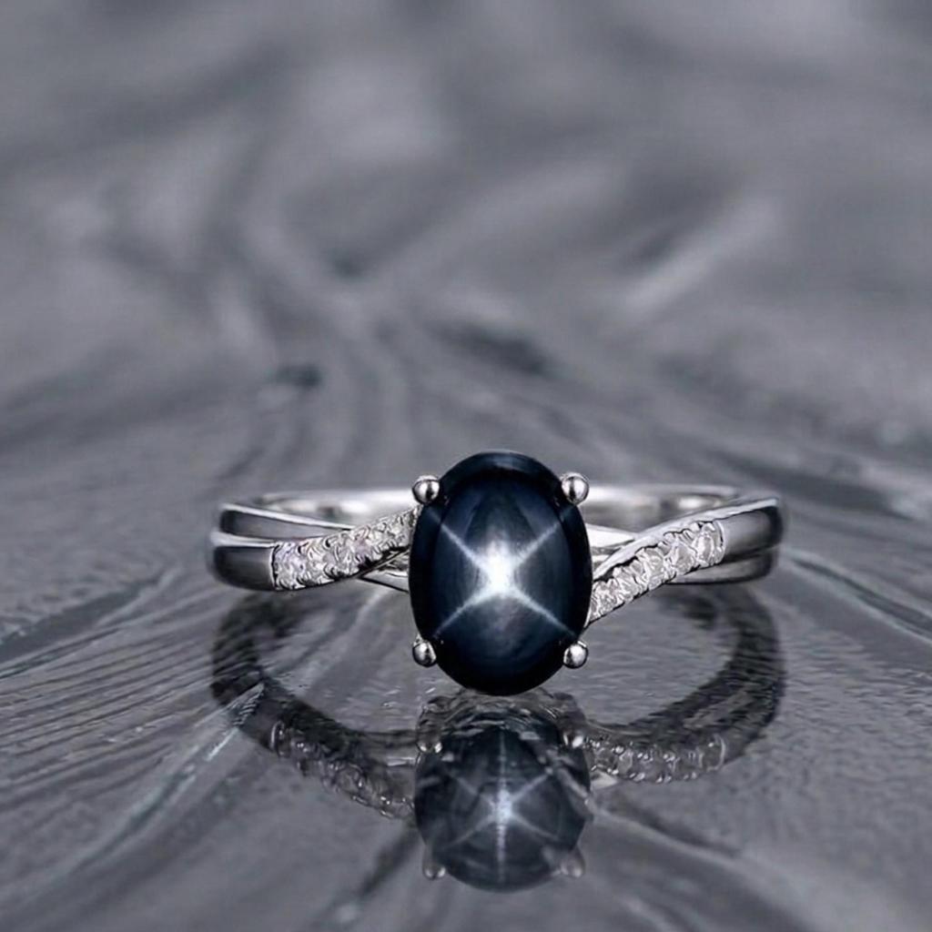 Vintage Star Engagement Ring with Diamond Accents – Black Star Sapphire in 925 Sterling Silver, Handmade Vintage Style, Star Gemstone