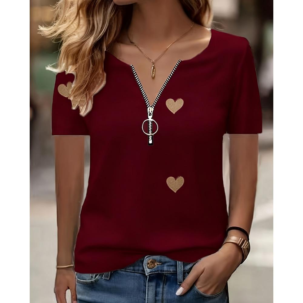 Fashionable and Elegant Zipper V-neck Color Blocked Printed T-shirt, Plus Size Women's Short Sleeved Summer Loose T-shirt