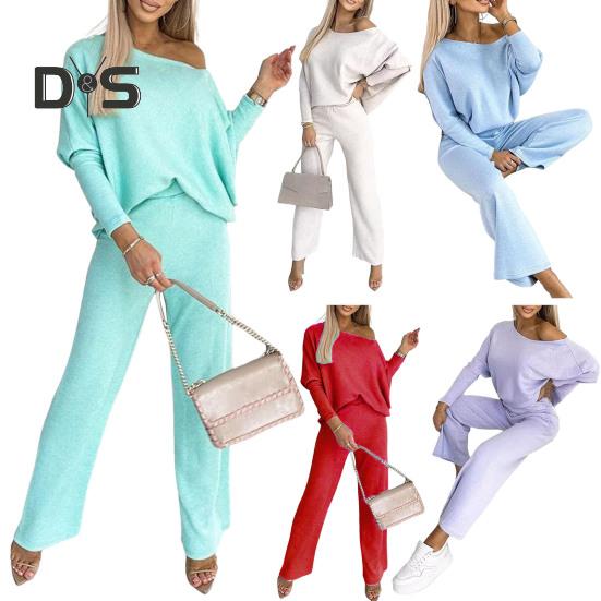 2 Teile/satz Damen Top Hosen Set Rundhals Langarm Sweatshirt Elastische Taille Breites Bein Jogginghose Sport Outfit Herbst Lässiger Trainingsanzug