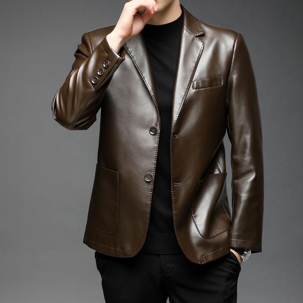 Leather Jacket Men's Autumn and Winter New Men's Clothing Soft Leather Suit Collar Leather Jacket Men's Two-button Casual Leather Suit