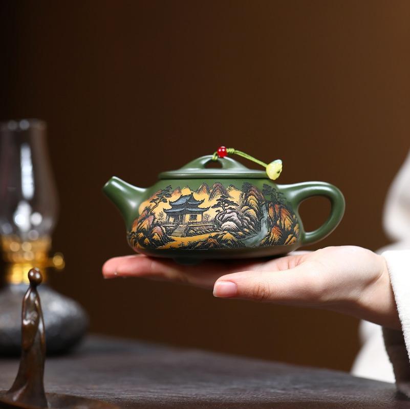 Handcrafted, Color-Engraved Teapot Made From Raw Green Clay From Yixing Zisha