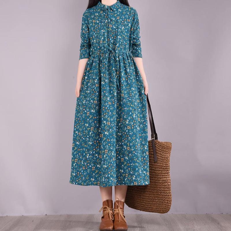 Spring and Autumn Retro Floral Cotton Linen A-Line Long Waist-Cinching Belted Long Sleeves Turn-down Collar Large Size Women's Dress