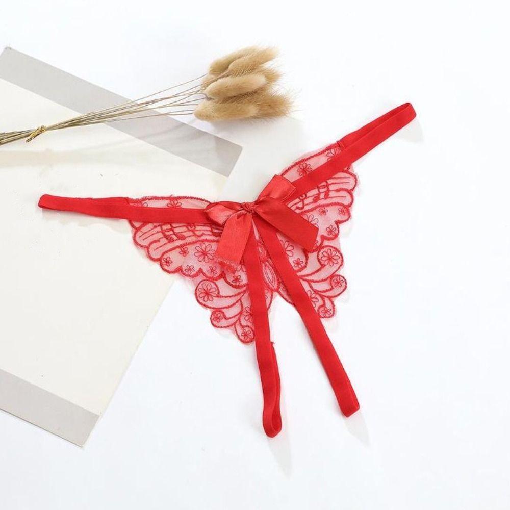 Butterfly Lace Embroidered Panties Open Crotch Bowknot T-Pants Lingerie Sexy Mesh Thongs  Gift