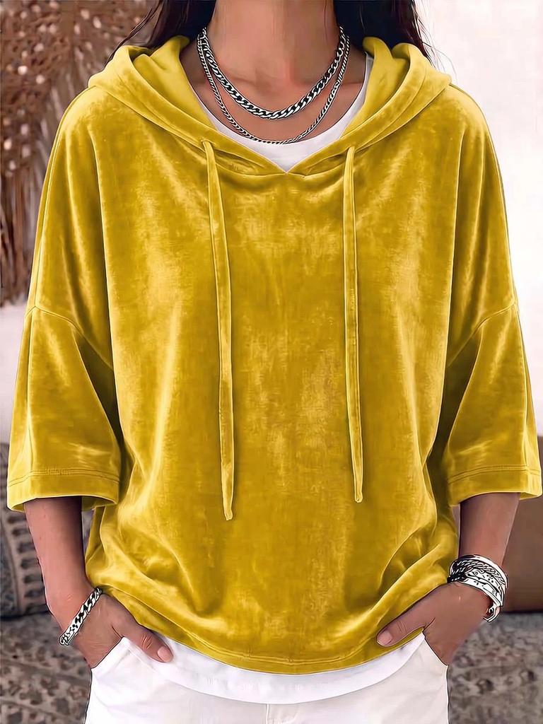 Women's Velvet Sweater Autumn and Winter European and American Women's Clothing New Hoodie Solid Color Drawstring Seven-quarter Sleeve Pullover Top