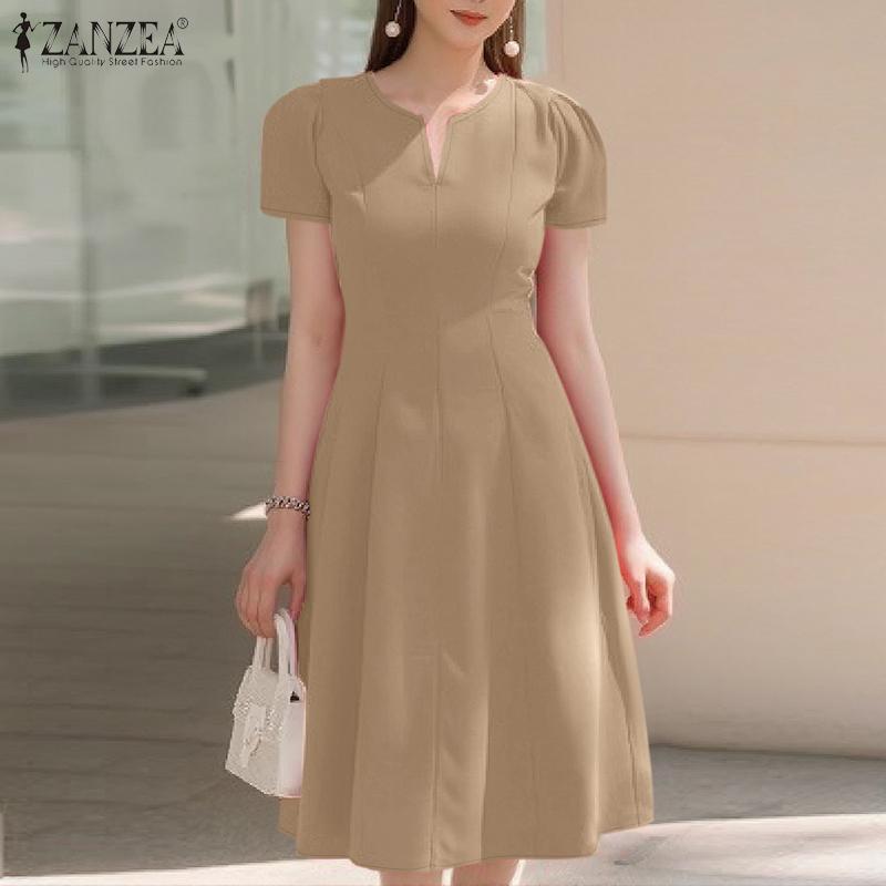 ZANZEA Women Casual V-Neck Summer Short Sleeve A-Line Dress