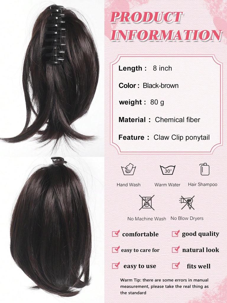 Synthetic Claw Clip Ponytail Extension 8-inch Short Curly Ponytail Hair Piece For Women's Daily Use