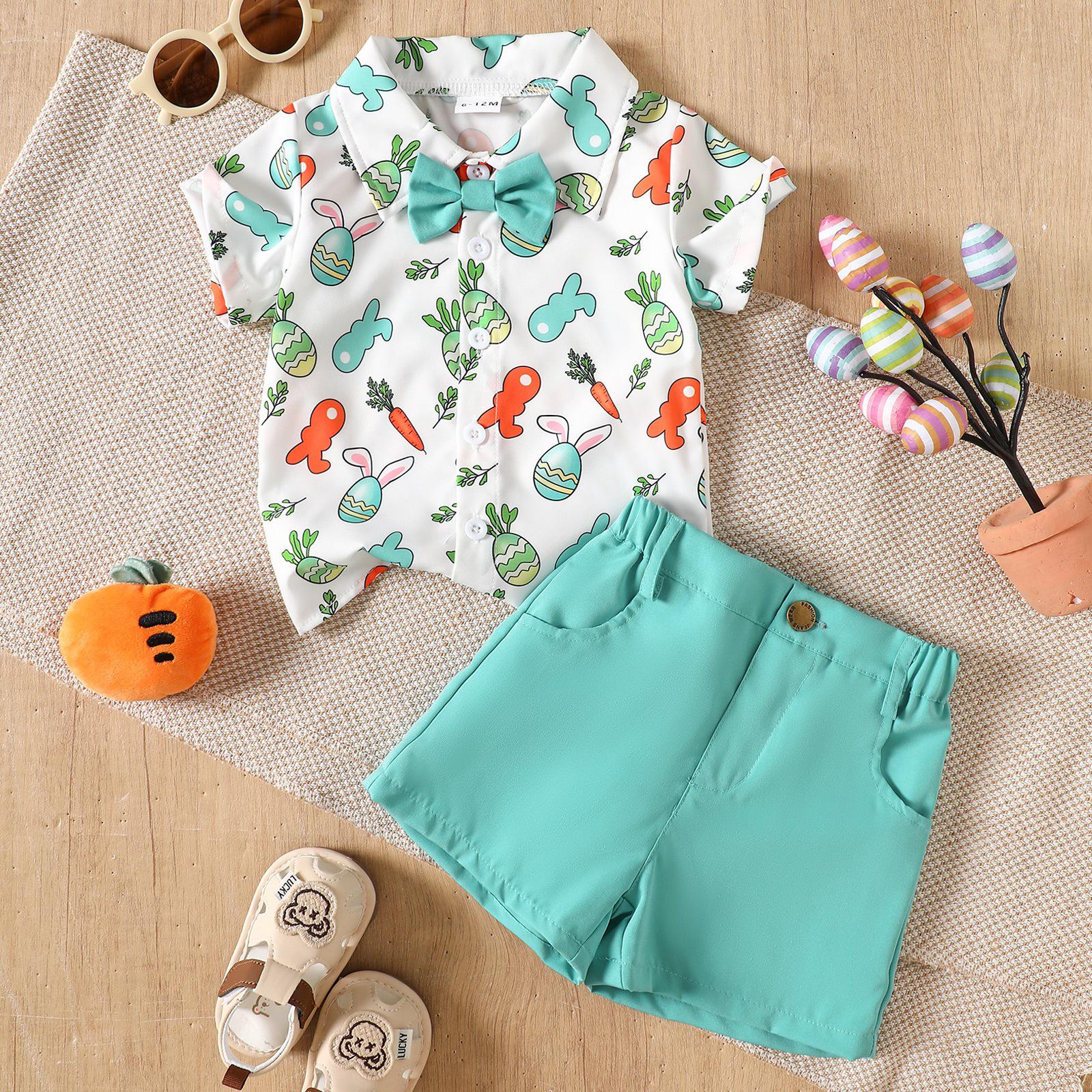 

Boys Summer Outfit: Easter Rabbit & Egg Print Shirt + Solid Shorts Set 12-18 Months синій