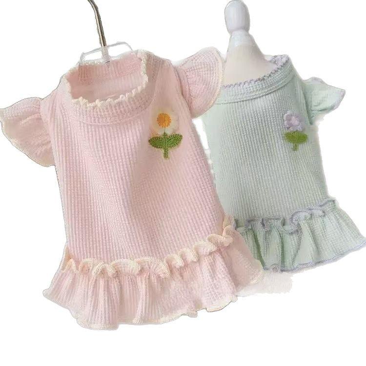 Dog Clothes Spring Summer Autumn New Waffle Small Flower Flying Sleeve Skirt Pet Cat Cuter Than Bear Teddy
