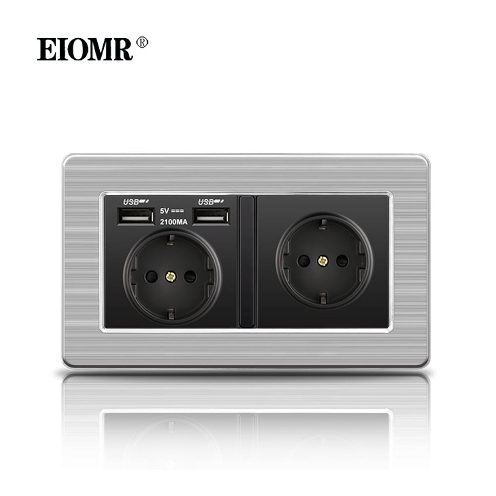 EIOMR 16A Black EU Standard Wall Sockets and Switches Stainless Steel Panel with Children Protective Door with USB Power Outlet