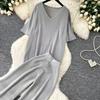 Casual and Fashionable Knit Set for Women New Summer V-Neck Short-Sleeve Sweater Tops and Wide-Leg Pants Two-Piece Sets