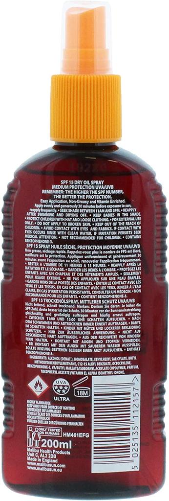 Malibu Huile Sèche Spray SPF15 Huile Solaire Bronzante 200ml