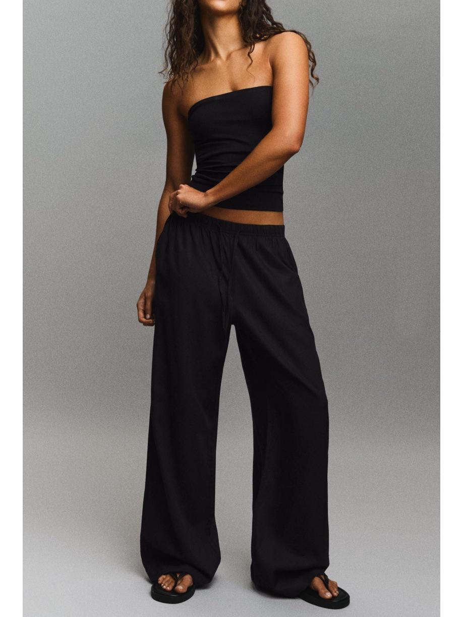 

European & American Women s Linen Blend Elastic Waist Wide-Leg Casual Pants XL чёрный