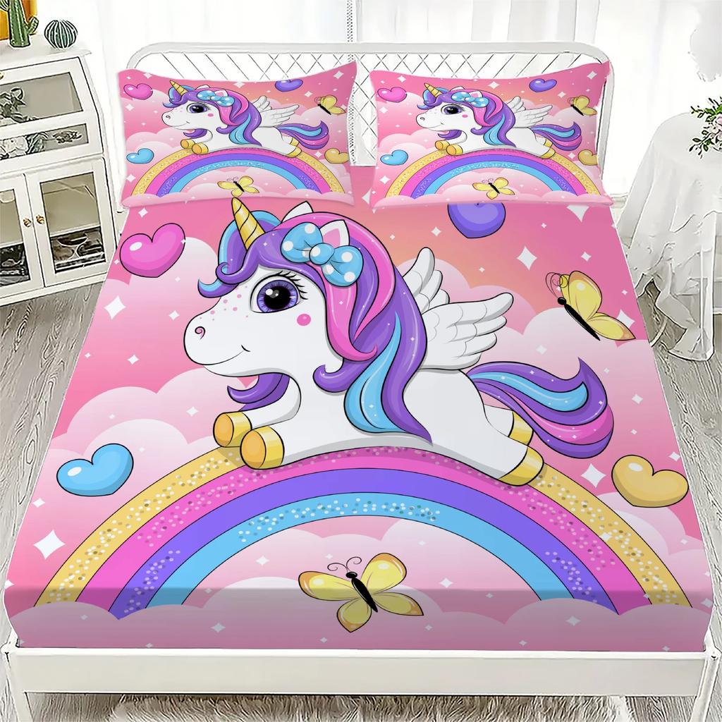 Unicorn Pattern 3D Fitted Sheets Set Cute Kids Bedding with 1/2 Pillowcases Boys Girls Bedroom Decor