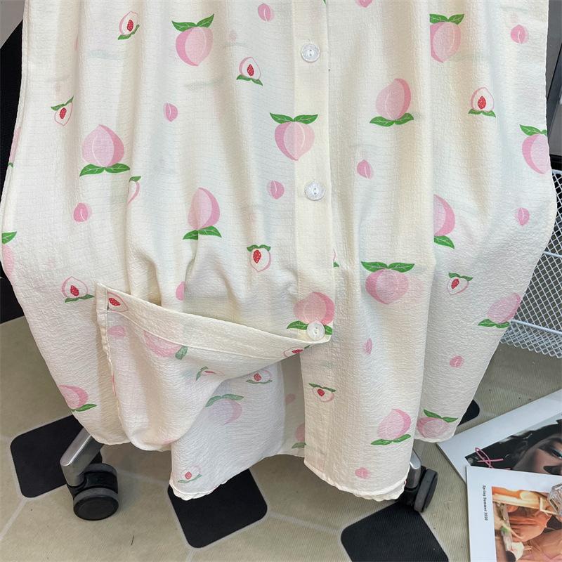 Light pink peach small fresh summer pattern nightdress summer simple bubble wrinkle loose loungewear