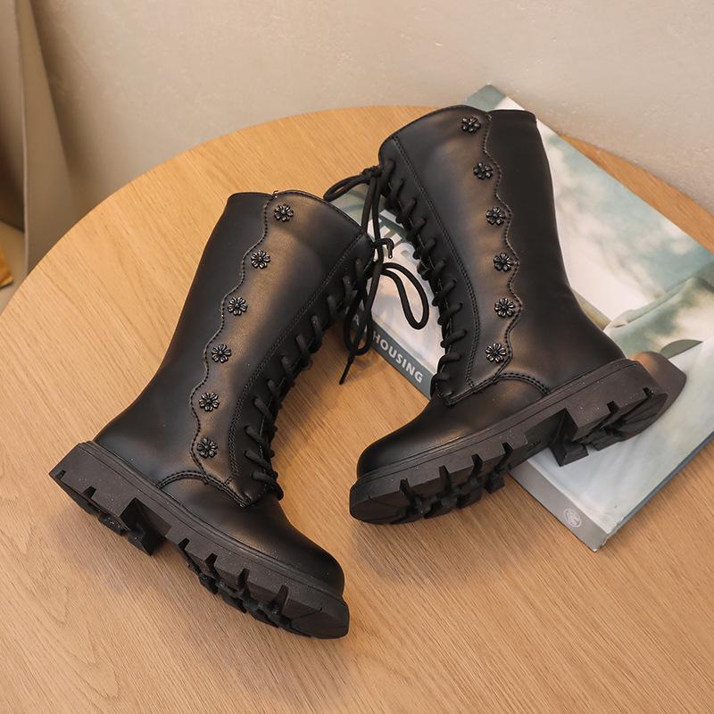

Autumn Children Knee Length Boots British Girls Princess Boots Kids Zipper Comfortable Non Slip Flower Long Boots 37 чорний