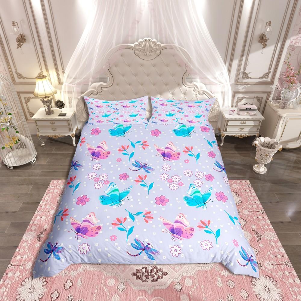 Homewish Blue Pink Butterfly Duvet Cover Set,Romantic Dreamy Animal Bedding Set,Teens Girls Kids Female Reversible Bed Set