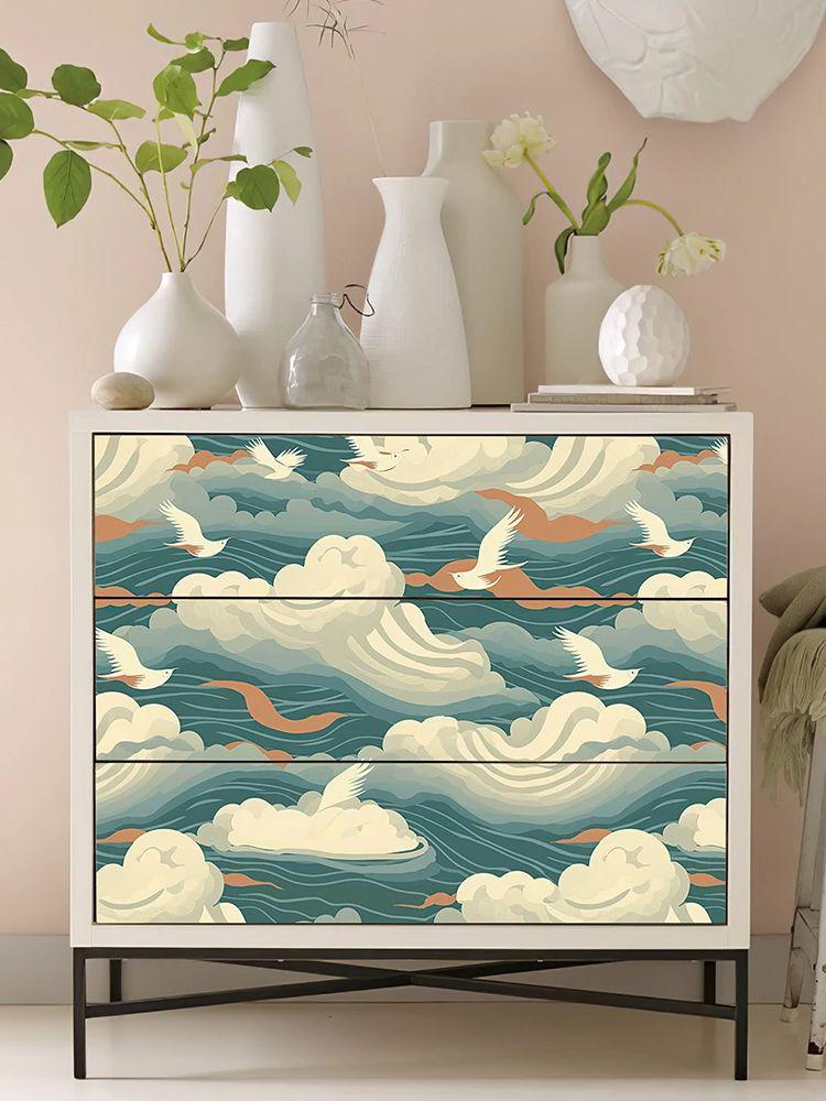 

Сине-зеленые брызги моря Обои самоклеящиеся ПВХ Птица Водонепроницаемые Самоклеящиеся Настенное украшение Ретро Виниловые Обои самоклеящиеся 44cmx300cm