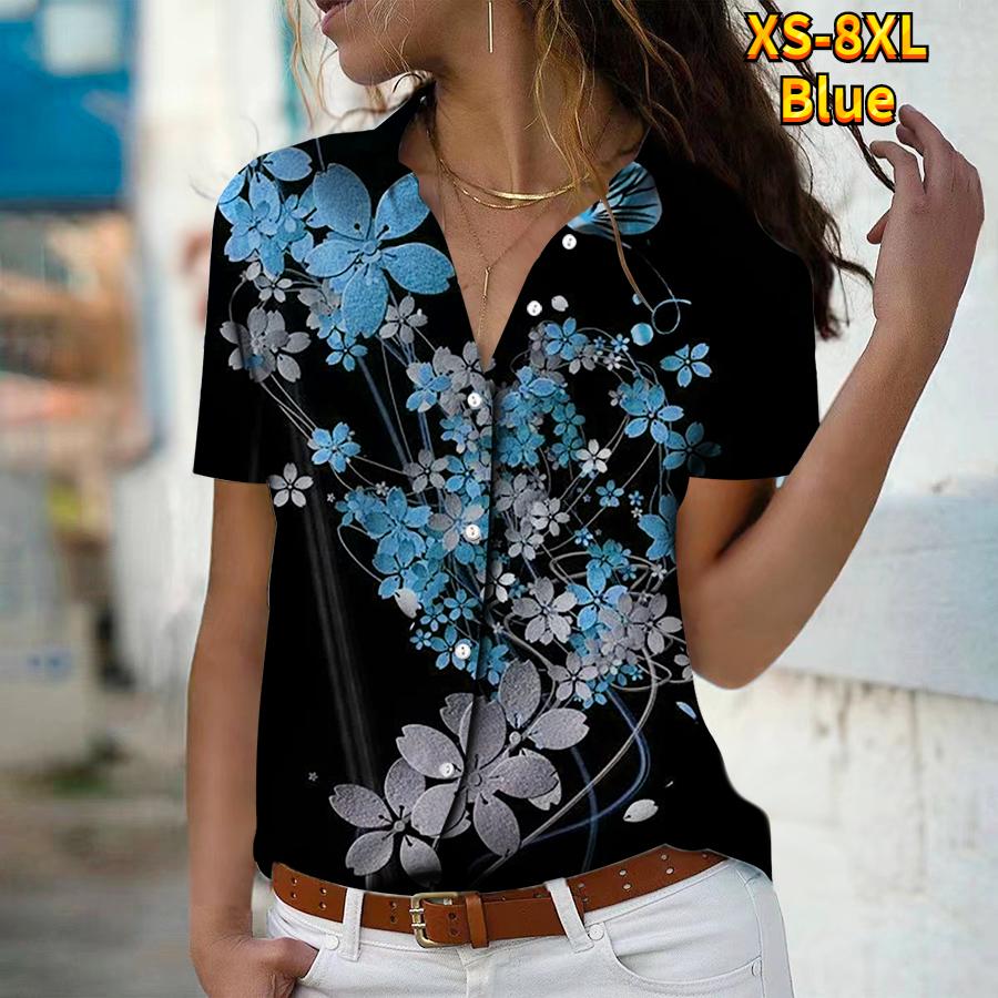 

2025 Summer New Fashion Women s Flower Printed Short Sleeve V-neck Casual Button-down Shirt Top XS синій