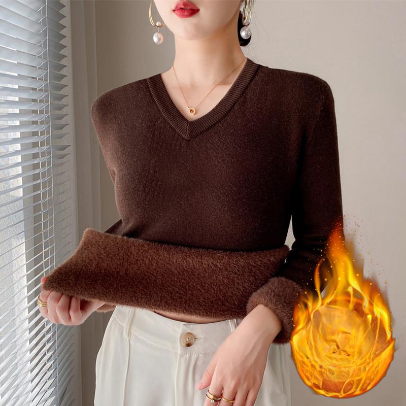 V-neck Sweater for Women Autumn and Winter Thick Knit Sweater with Added Velvet Long Sleeved Solid Color Warm Pullover