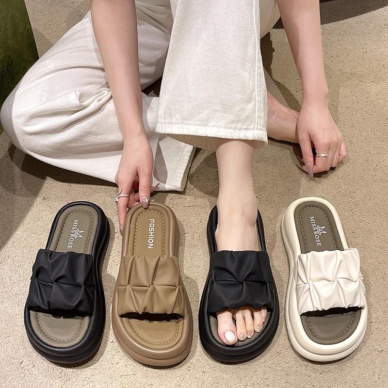 Dicksohlige Plissee-Slipper für Damen Schuhe 2024 Sommer Neu Koreanischer Stil Damen Lässige Pantoletten Frau Runde Zehen Keil Strand-Sandalen