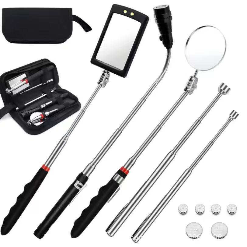 5-Piece Car Inspection Kit: Lighted Undercarriage Mirror, Telescopic Magnetic Pickup Tool, Reflective Chassis Mirror