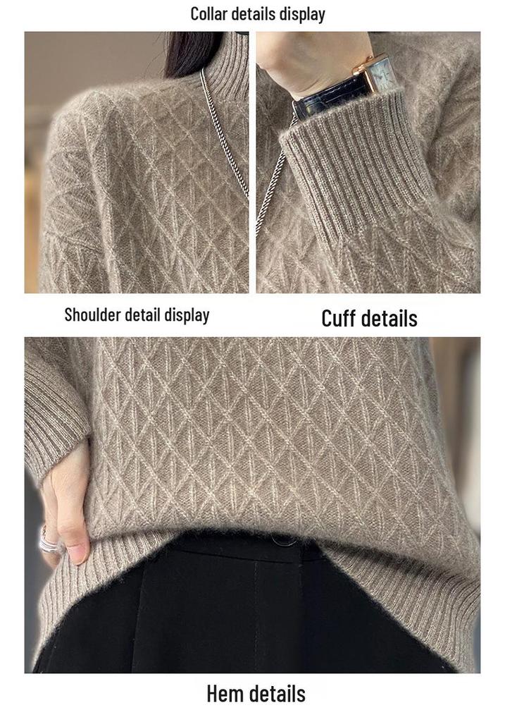 Women's Cashmere Diamond Knit Pullover: Half-High Collar, Thick, Loose-Fit, Korean Style Winter Sweater.