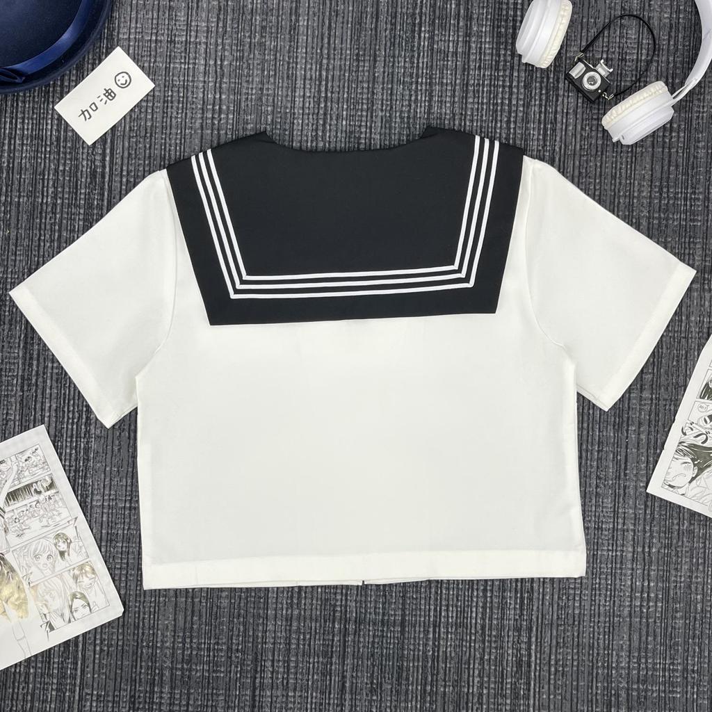 Japanese Academy-Style Sailor Suit: Black Collar, White Stripes, Mid-Length JK Uniform Costume Set