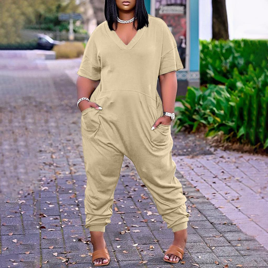 Women's Plus Size Loose Casual Short Sleeve V-Neck Solid Pocket Jumpsuit