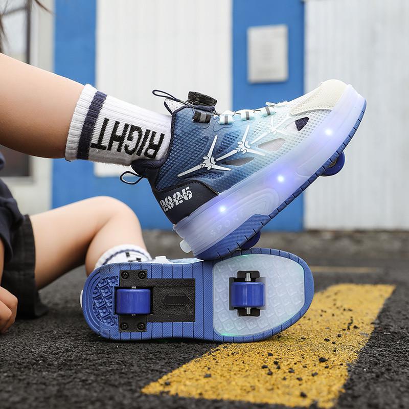 A1RW7V Kids' Retractable Double-Wheel Skating Shoes - Breathable Inline Roller Sneakers for Boys