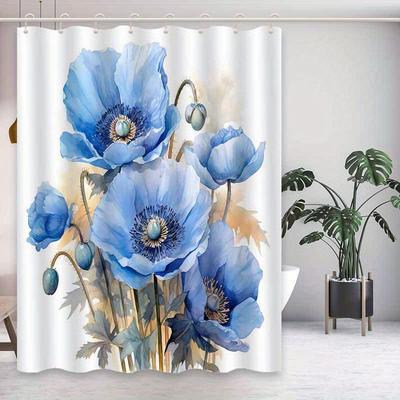 1 Piece Blue Watercolor Floral Shower Curtain, Polyester Fabric, Machine Washable, Suitable for Bathroom Decoration